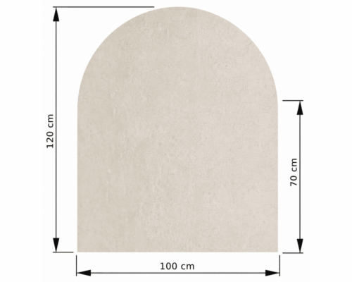 Technische tekening van een rechthoekig element met een afgeronde bovenkant. Afmetingen: 120 cm hoog, 100 cm breed, 70 cm afgeronde hoogte.
