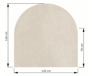 Technische tekening van een rechthoekig object met een afgeronde bovenkant. Afmetingen zijn 120 cm breed en 120 cm hoog, afgerond deel 70 cm hoog.