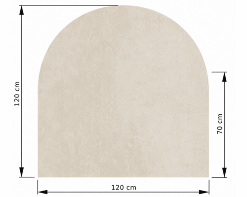 Technische tekening van een rechthoekig object met een afgeronde bovenkant. Afmetingen zijn 120 cm breed en 120 cm hoog, afgerond deel 70 cm hoog.