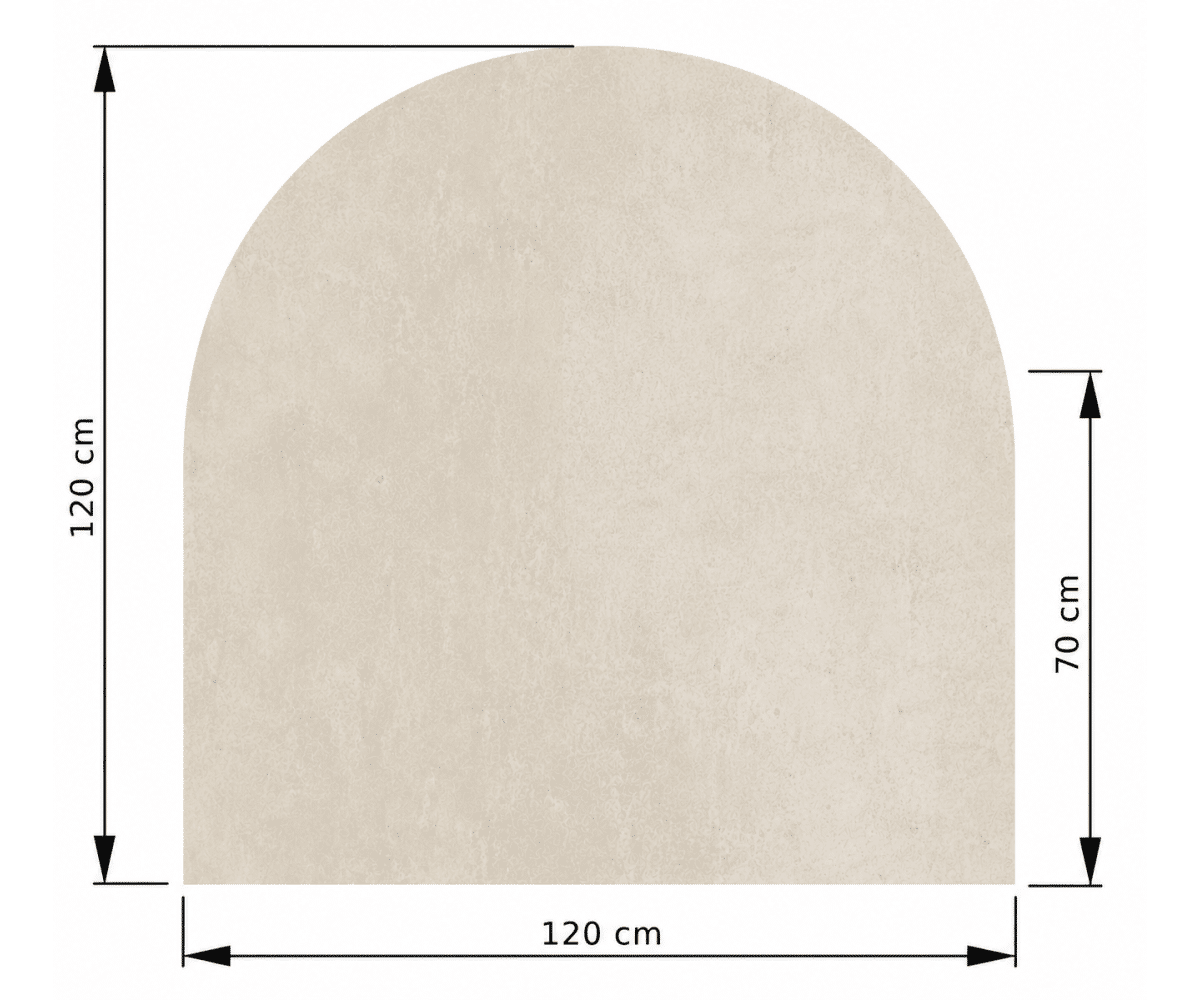 VBHR120120_gallery_01 Technische tekening van een rechthoekig object met een afgeronde bovenkant. Afmetingen zijn 120 cm breed en 120 cm hoog, afgerond deel 70 cm hoog.