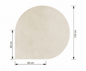 Technische tekening van een halfronde plaat met een afgeronde bovenkant. Afmetingen: 120 cm hoog, 60 cm breed. Beige oppervlak.