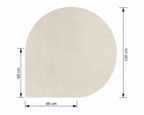Technische tekening van een halfronde plaat met een afgeronde bovenkant. Afmetingen: 120 cm hoog, 60 cm breed. Beige oppervlak.