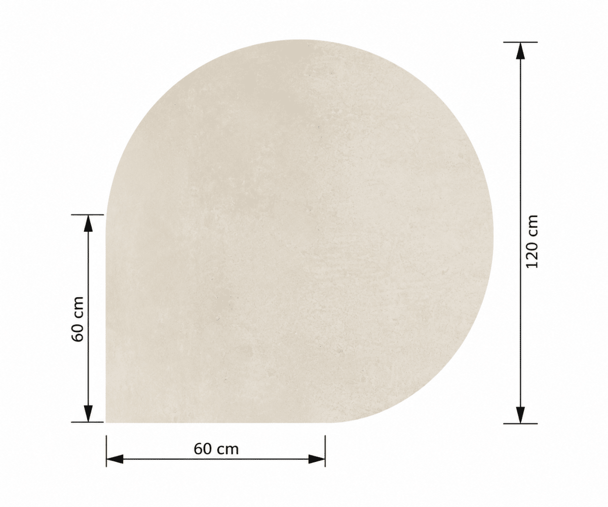 VBTR120120_gallery_01 Technische tekening van een halfronde plaat met een afgeronde bovenkant. Afmetingen: 120 cm hoog, 60 cm breed. Beige oppervlak.