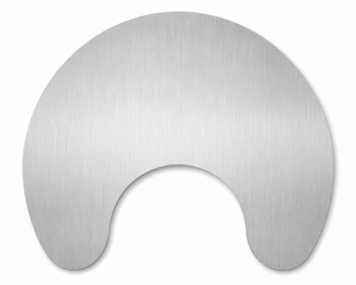 Halbkreisförmige Edelstahlplatte mit gebürsteter Oberfläche, symmetrisch geschwungenen Kanten und glattem Finish.