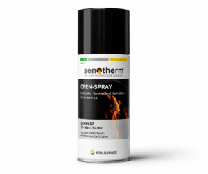 Spraydåse med sort Senotherm brændeovnsspray, velegnet til grill, brændeovne og kakkelovne. Meget varmebestandig og korrosionsbeskyttende.