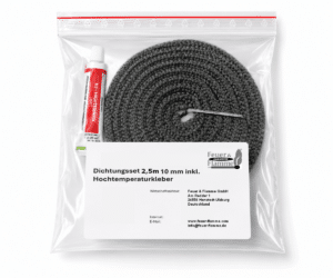 Forseglingssæt i transparent emballage med 2,5 m grå forseglingssnor, højtemperaturklæber og nål. Etiket med producentoplysninger.
