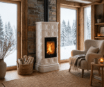 Gemütliches Wohnzimmer mit weißem Kachelofen, brennendem Feuer und Panoramascheibe. Holzkorb und Sessel mit Decke, umgeben von großen Fenstern mit Schneelandschaft.
