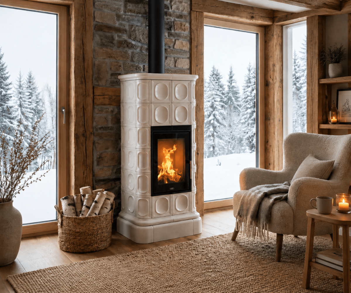 13002815_gallery_01 Gemütliches Wohnzimmer mit weißem Kachelofen, brennendem Feuer und Panoramascheibe. Holzkorb und Sessel mit Decke, umgeben von großen Fenstern mit Schneelandschaft.
