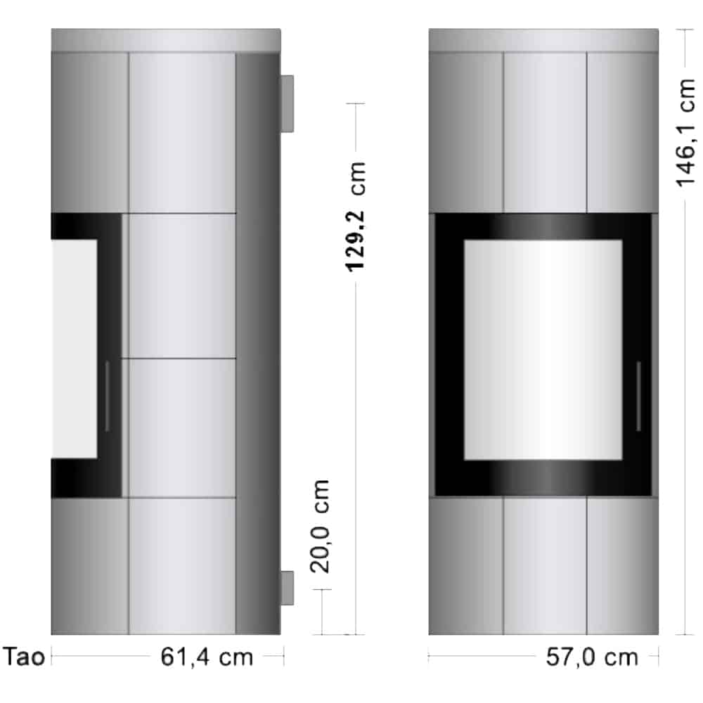 130073_tech Technical drawing of the Tao wood-burning stove, showing the side and front views with dimensions. Cylindrical shape, large viewing window.