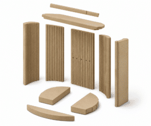 Firebox liners made of fireclay in various shapes and sizes, arranged on a white background. Ideal for wood-burning stoves.