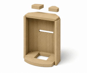 A wood-burning stove with a heat-storage unit made of brown material, consisting of several rectangular and trapezoidal elements that are joined together.