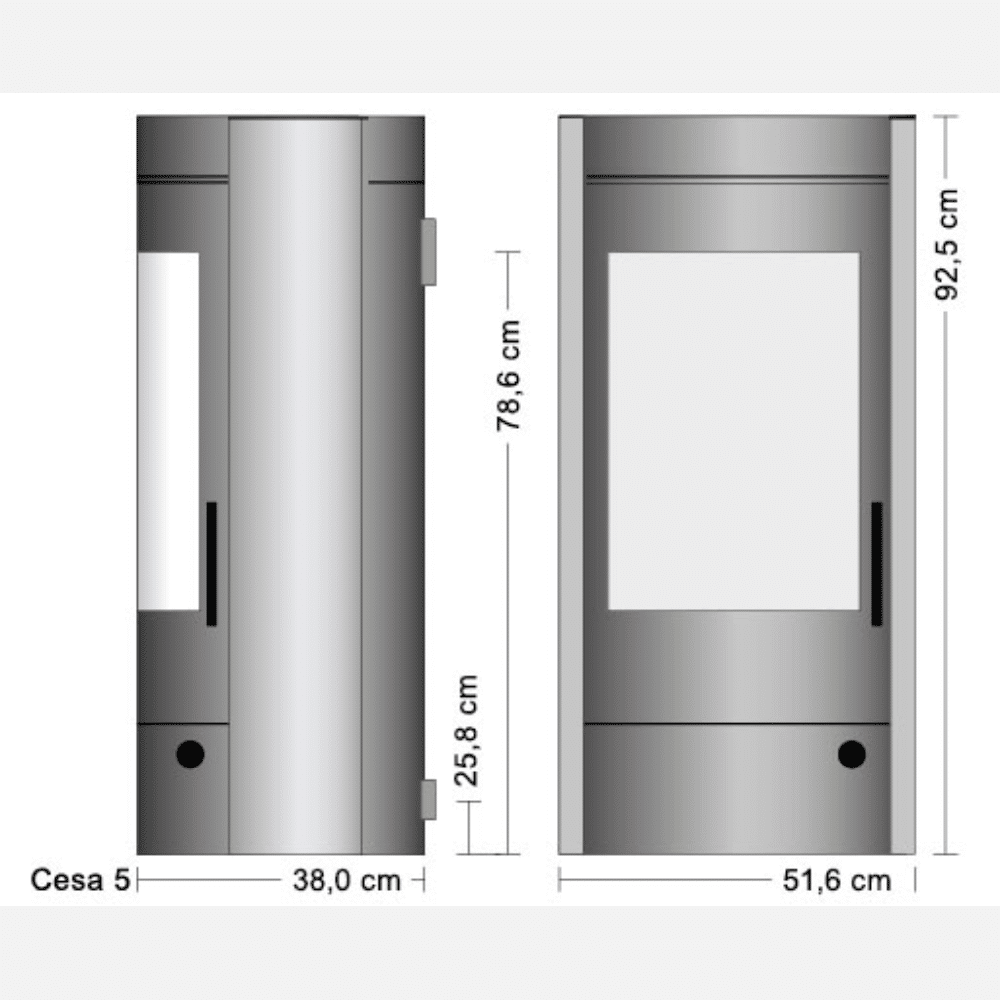 250013_tech Technische tekening van de houtkachel Cesa 5, met zijaanzicht en vooraanzicht inclusief afmetingen. Rechthoekige vorm met een groot kijkvenster.