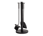 Pejsebestiksæt med kost, skovl og holder i sort metal og med håndtag i rustfrit stål. Elegant design, ideelt til vedligeholdelse af pejsen.