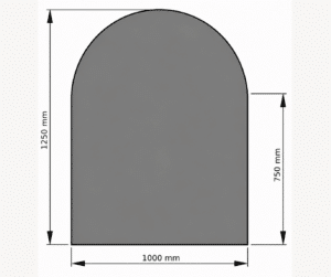 Teknisk tegning af et buet rektangel med målangivelser. Højde 1250 mm, bredde 1000 mm, den buede del er 750 mm høj.