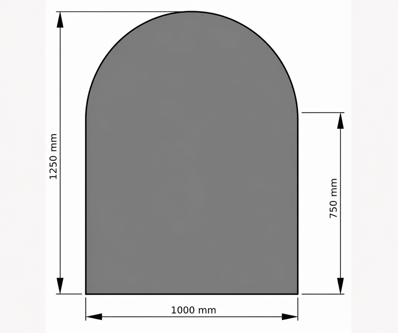 Underlag_Stål_haru_1000x1250 Teknisk tegning af et buet rektangel med målangivelser. Højde 1250 mm, bredde 1000 mm, den buede del er 750 mm høj.