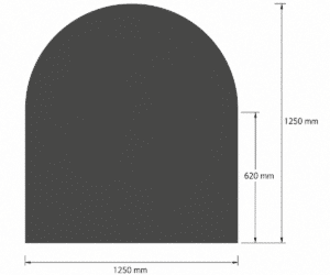Teknisk tegning af et buet rektangel med målangivelser. Højden og bredden er begge 1250 mm, og den buede overside er 620 mm høj.