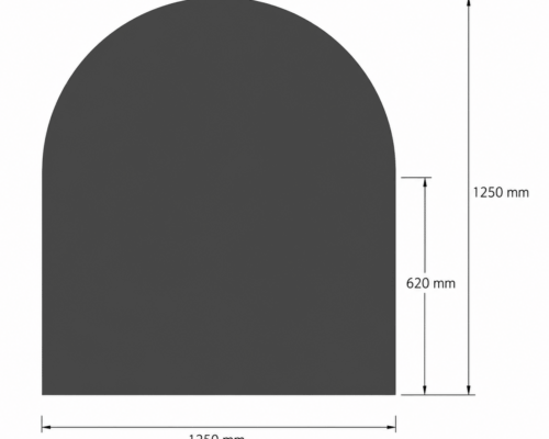 Technische tekening van een gewelfde rechthoek met afmetingen. De hoogte en breedte bedragen elk 1250 mm; de gewelfde bovenkant is 620 mm hoog.