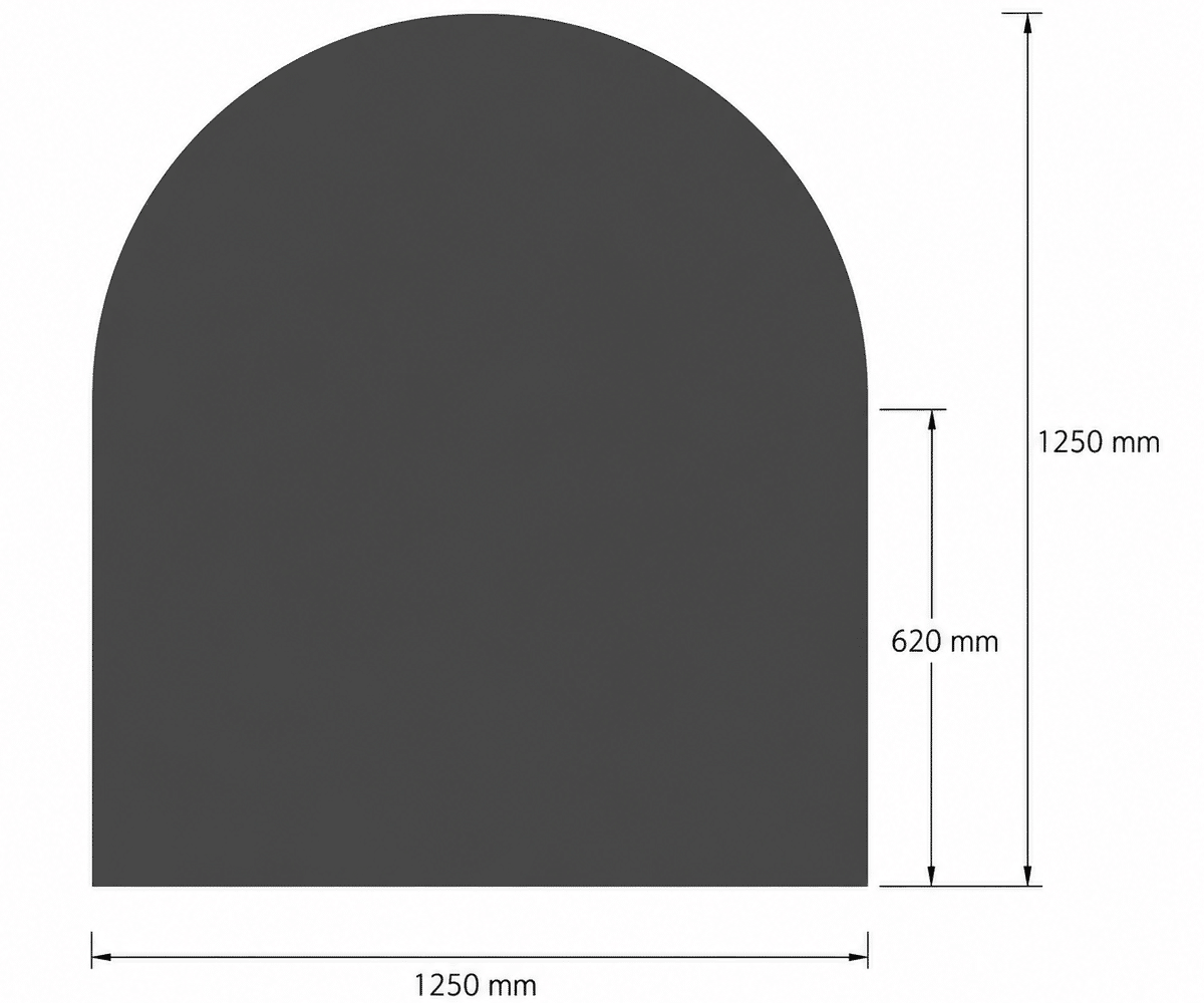 Underlag_Stål_haru_1250x1250 (2) Teknisk tegning af et buet rektangel med målangivelser. Højden og bredden er begge 1250 mm, og den buede overside er 620 mm høj.