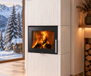 A modern wood-burning stove with a blazing fire behind a glass pane, with snow-capped mountains and trees in the background. Interior featuring a wood storage area and decorations.