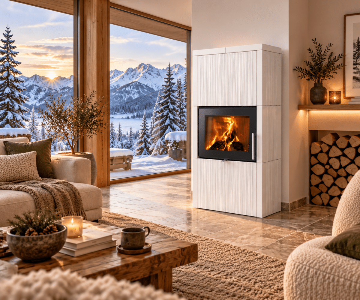 250022_gallery_01 A modern wood-burning stove in a cozy living room with a view of snow-capped mountains. A crackling fire behind the glass pane, surrounded by stylish furnishings.