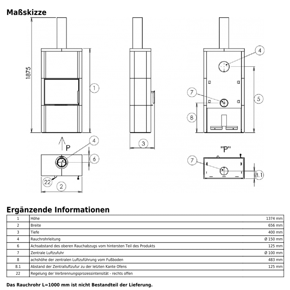 250022_tech Technical drawing of a wood-burning stove showing front, side, and top views. Dimensions and details, such as the flue and central air intake, are indicated.